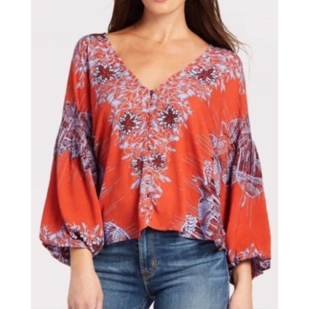 Free People Birds of a Feather Abstract Floral Puff Sleeve Blouse Orange Blue S